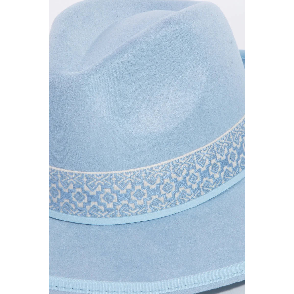 Light blue Boho Band Beveled Cowboy Fedora Hat with decorative patterned band