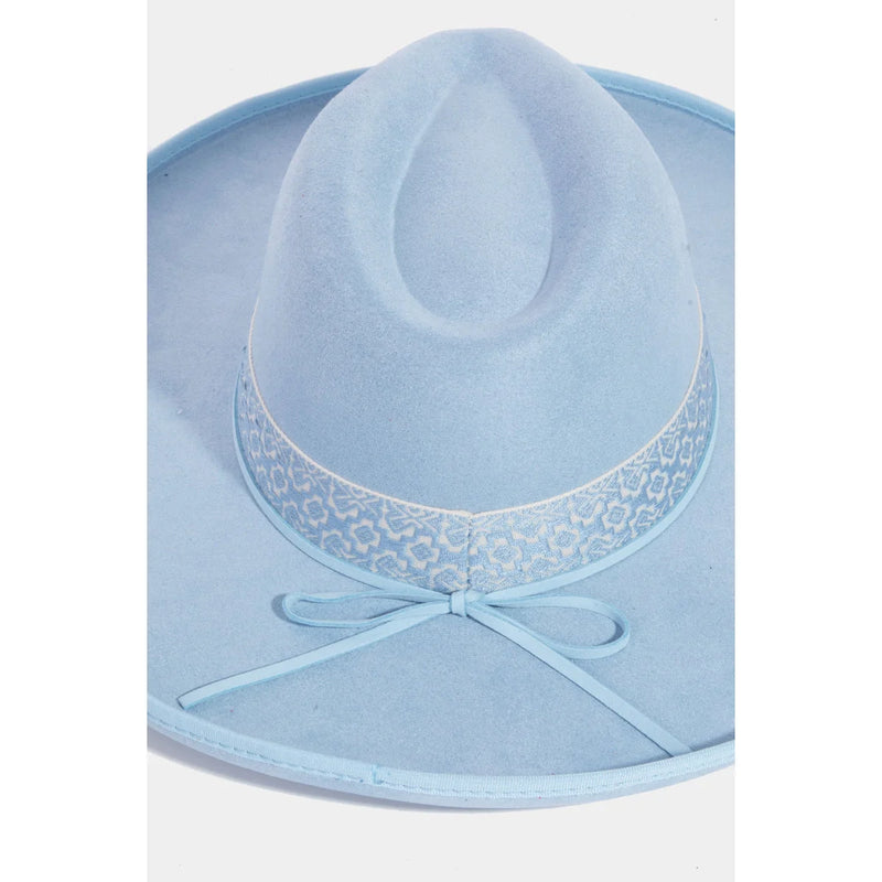 Light blue boho band beveled cowboy hat with lace band and bow trim