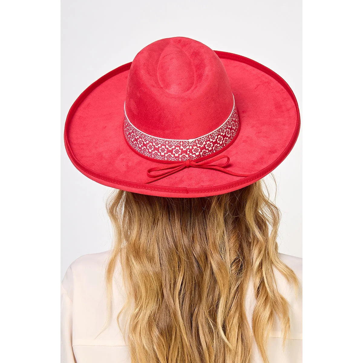 Red wide-brimmed Boho Band Beveled Cowboy Fedora Hat with decorative white band