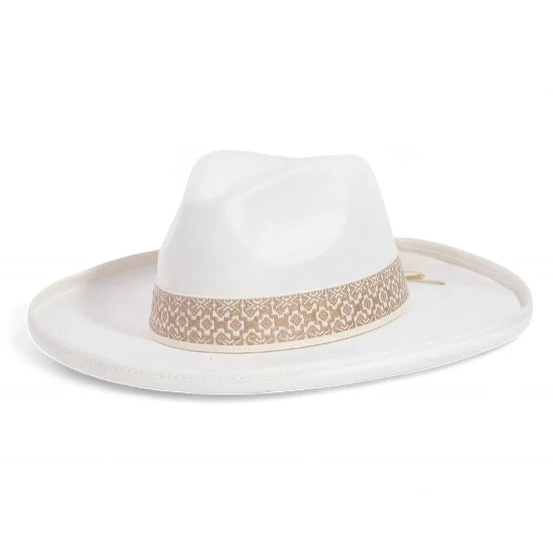 White Fedora Hat with Beige Patterned Band Beveled for a Boho Band Style