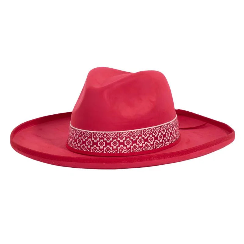 Red fedora hat with a boho band for a stylish band beveled cowboy look