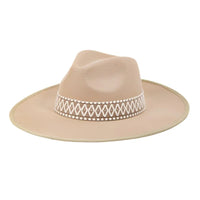 Wide-brimmed beige fedora hat with a boho braided band for stylish accessories