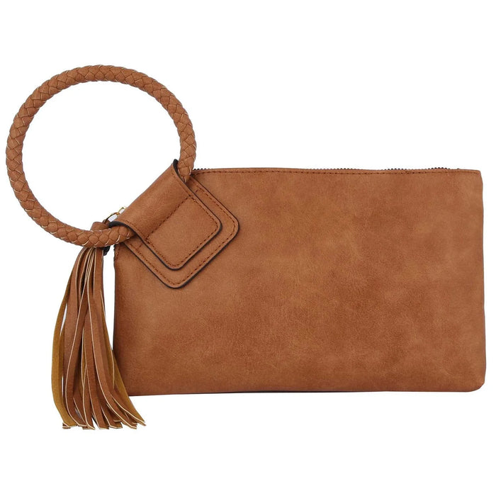 Boho Cuff Handle Tassel Wristlet Clutch - Tan