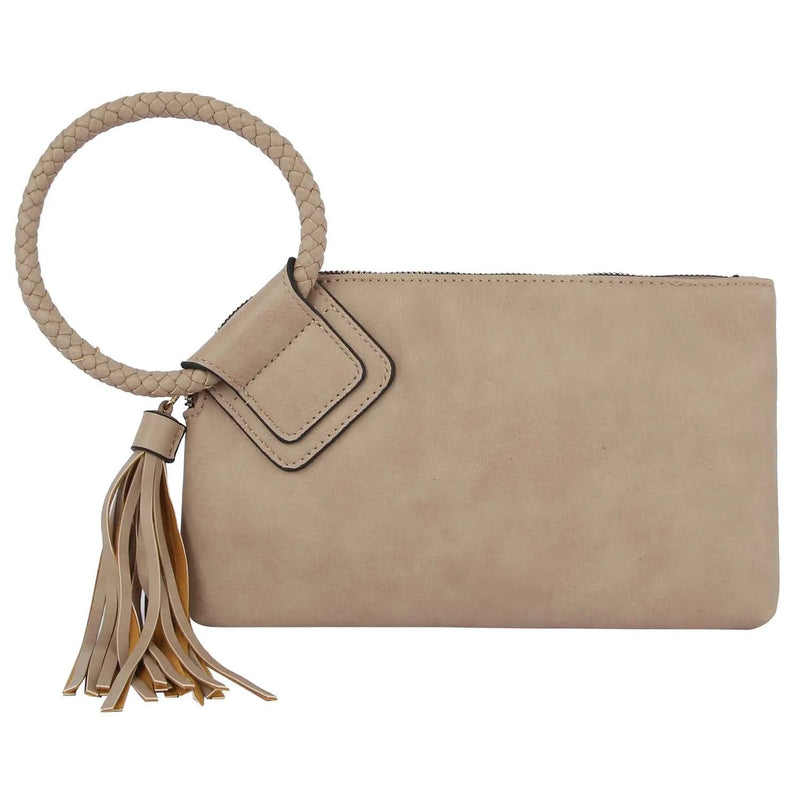 Boho Cuff Handle Tassel Wristlet Clutch - Taupe - CLUTCH