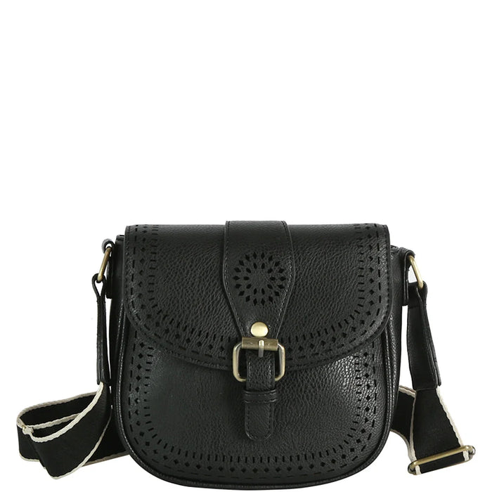 Boho Design Buckle Flap Crossbody Bag - Black