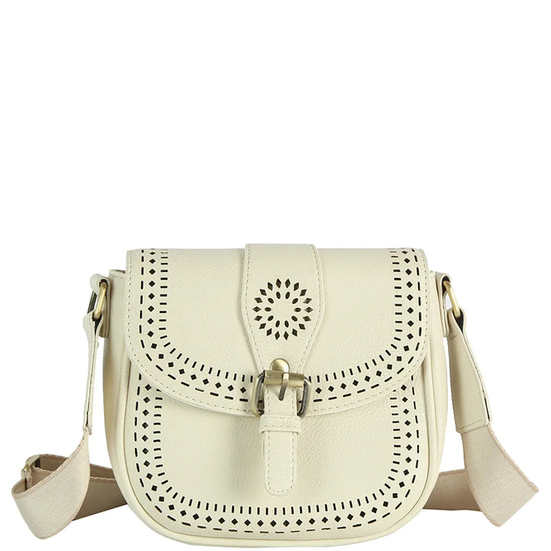 Boho Design Buckle Flap Crossbody Bag - Cream - Shoulder Bags