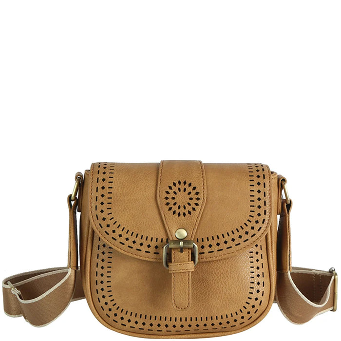 Boho Design Buckle Flap Crossbody Bag - Tan