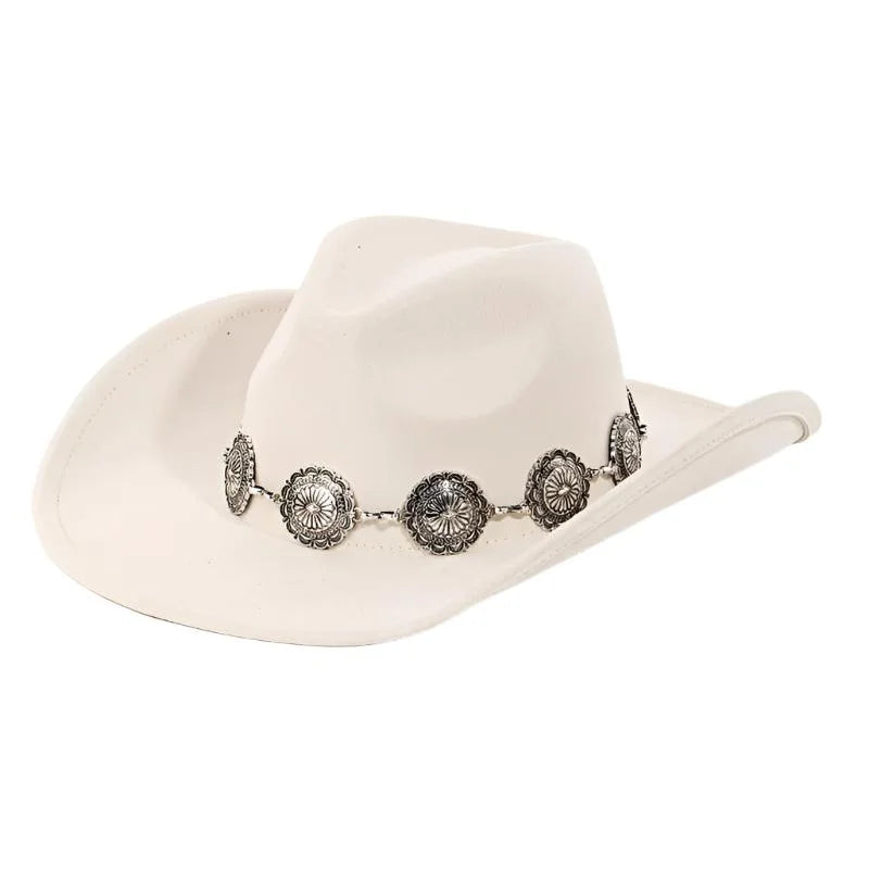 White cowboy hat with silver concho band, perfect for a Boho Disc Strap style