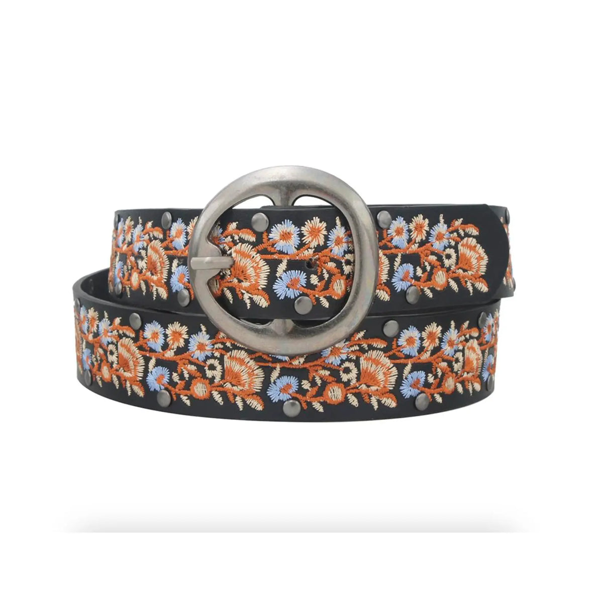 Black leather boho floral embroidered belt with orange and blue floral design and metal buckle