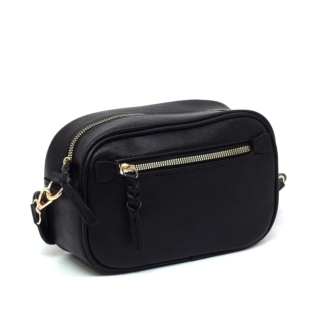 Black leather guitar strap crossbody bag with gold zipper details