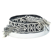 Woven black and white boho pattern braided belt with fringed ends for stylish outfits