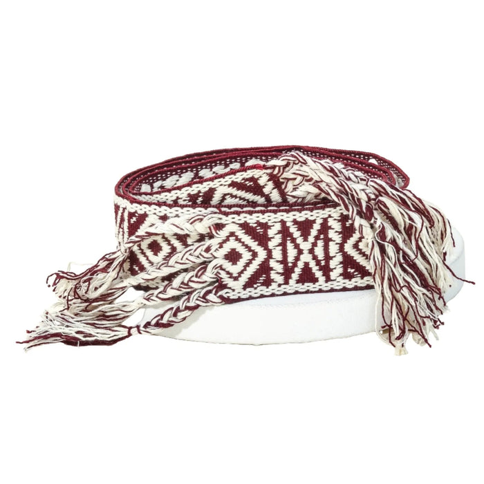 Woven Boho Pattern Braided Belt in burgundy and white with geometric patterns and fringe