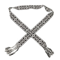 Boho Pattern Braided Belt with geometric black and white patterns and tasseled ends