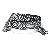 Black and white stripe pattern braided belt with tassels for boho style fashion