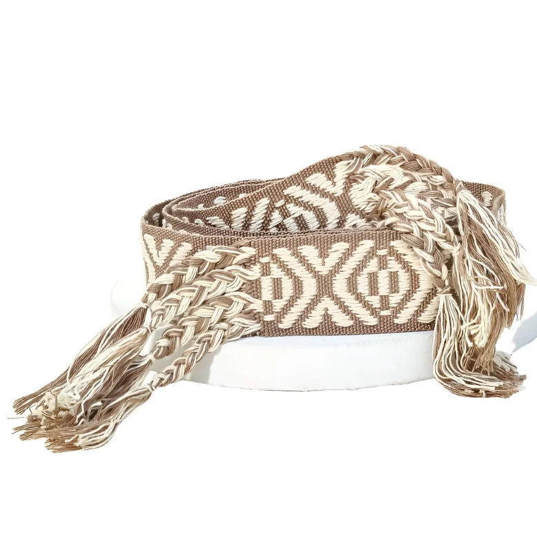 Woven Boho Stripe Pattern Braided Belt with geometric patterns and fringed ends