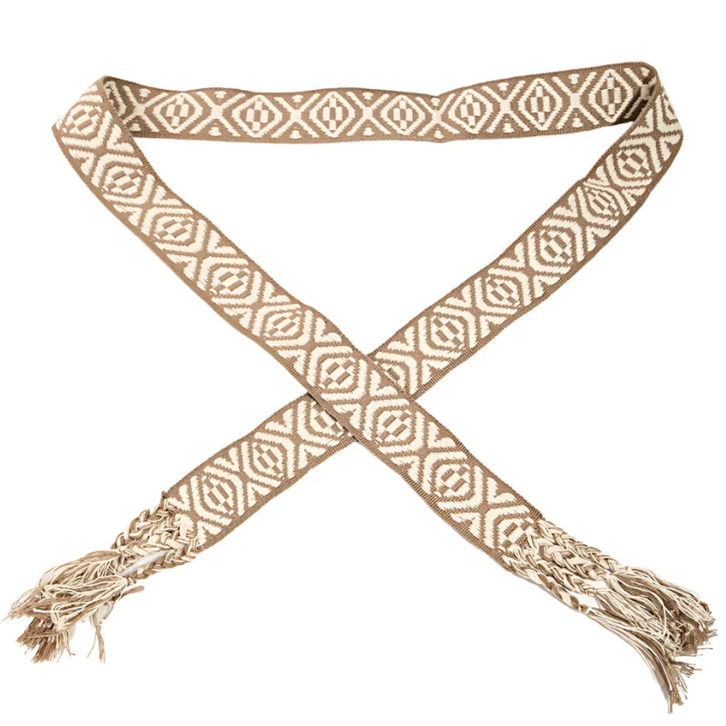 Woven Boho Stripe Pattern Braided Belt with diamond pattern and tasseled ends