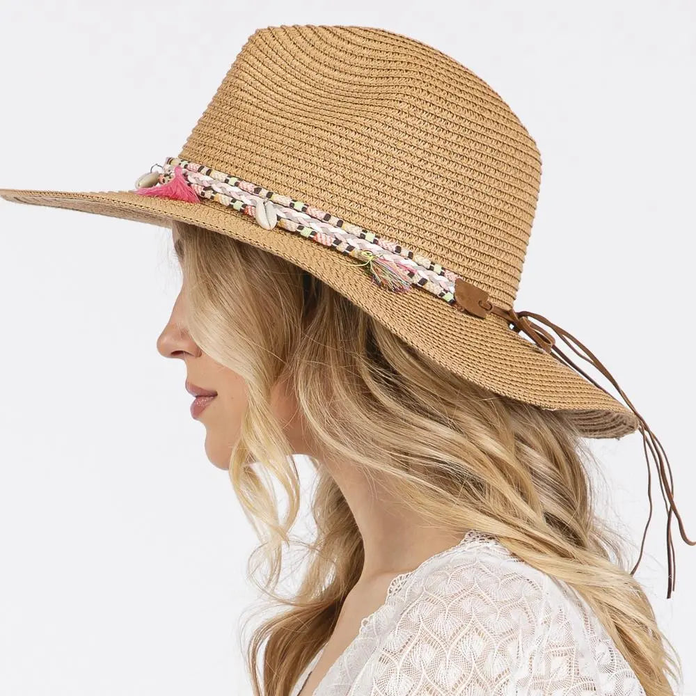 Boho Tassel Band Straw Sun Hat - Taupe - STRAW HAT