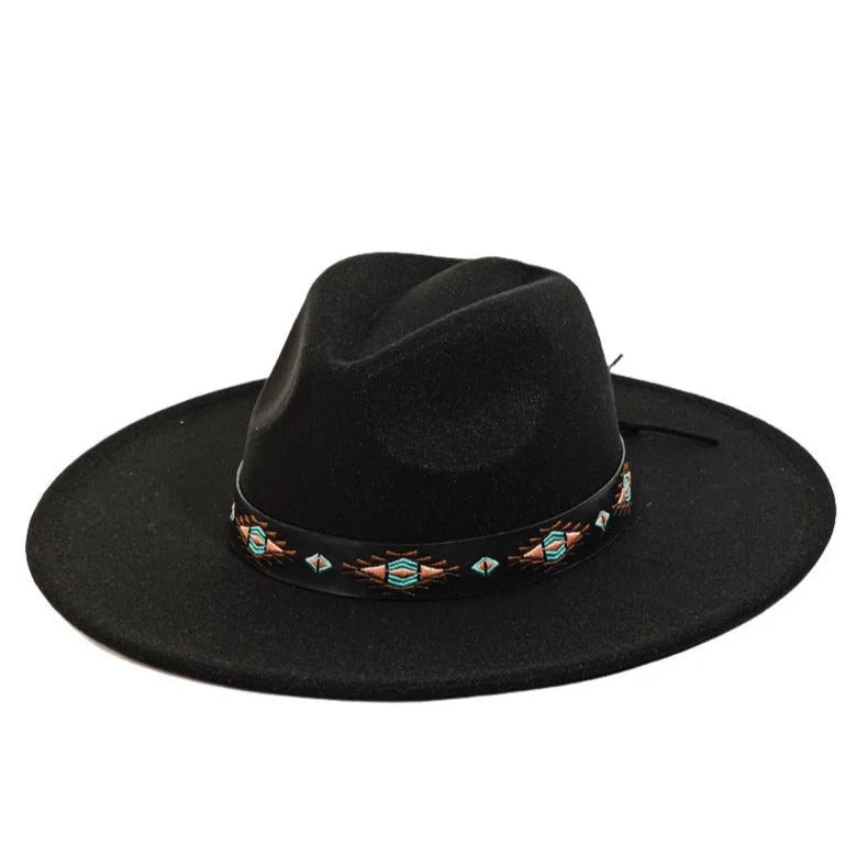 Black wide-brimmed fedora with boho tribal pattern strap and decorative beaded band