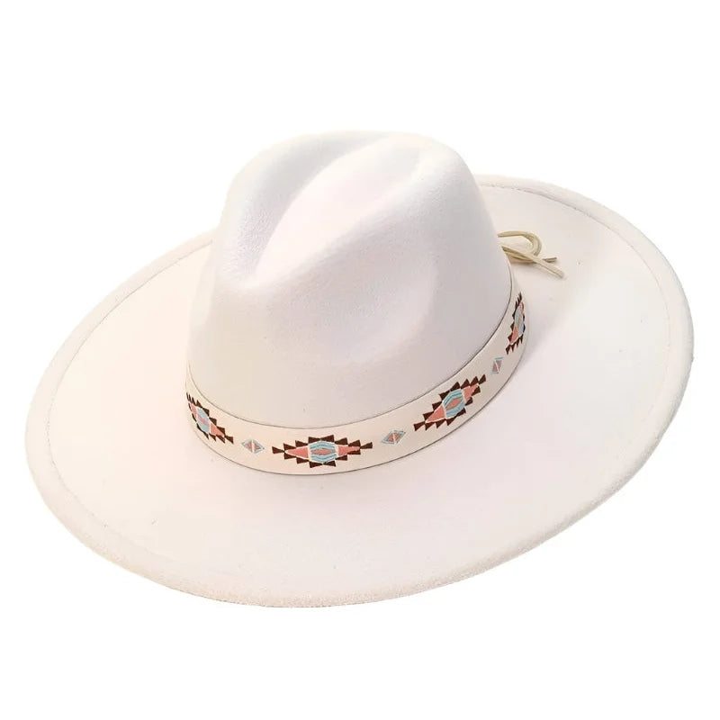 White cowboy hat with boho tribal pattern strap for a stylish, trendy look