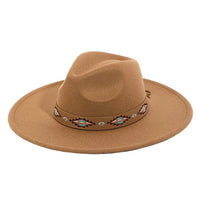 Tan felt fedora with boho tribal pattern strap and decorative beaded band