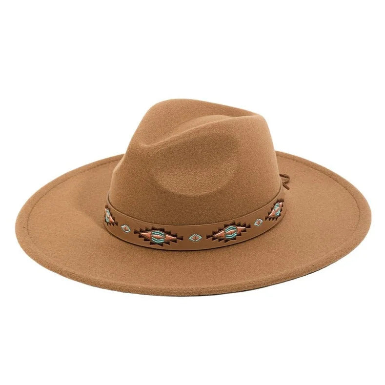 Tan felt fedora with boho tribal pattern strap and decorative beaded band