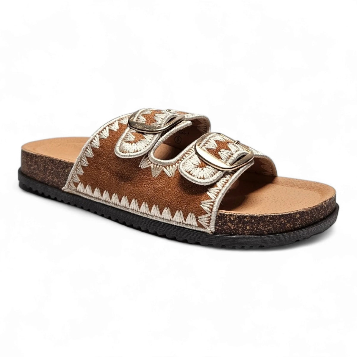 Decorative brown leather Boho Vacation Sandals with buckled straps and white stitching