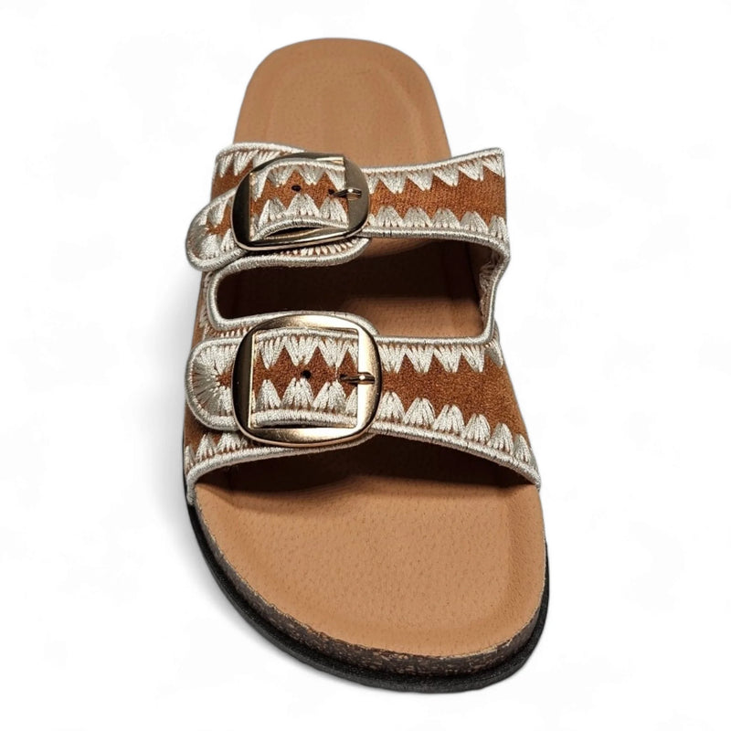 Boho Vacation Sandals with brown and white zigzag pattern and two buckled straps