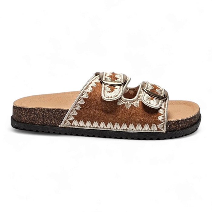 Brown leather Boho Vacation Sandals with decorative white stitching and buckle straps