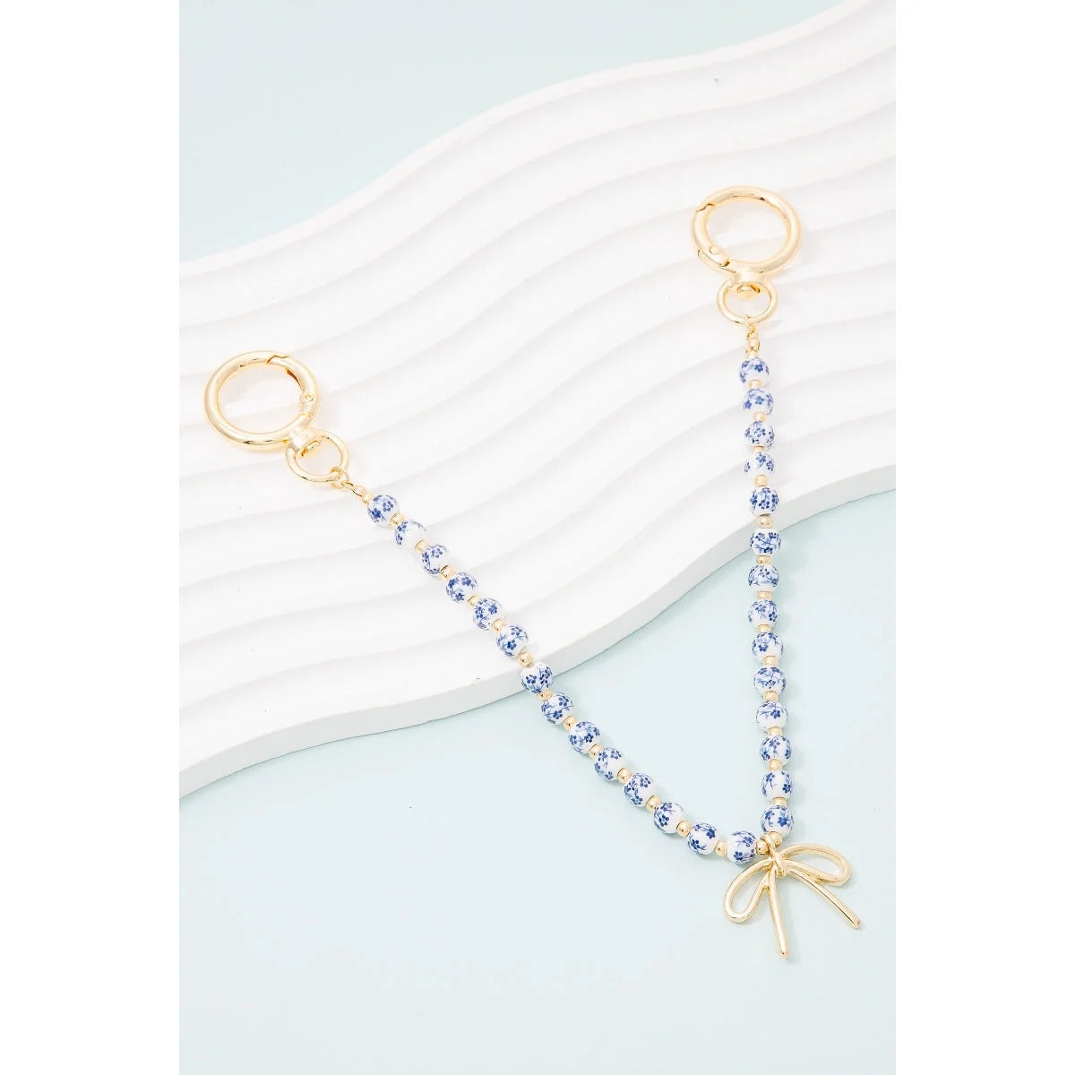 Bow Charm Blue Floral Ceramic Beaded Bag Charm - Bag Charms