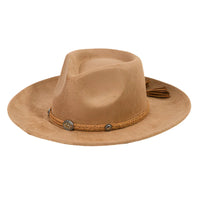 Tan fedora with braided leather band and silver conchos, a stylish tassel strap fedora