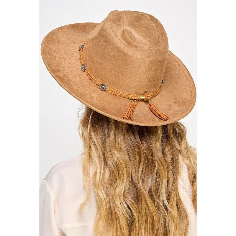 Tan suede cowboy hat with a beaded band and tassels, featuring a Braided Chevron Tassel Strap