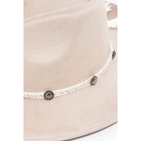 White Cowboy Hat with Braided Chevron Tassel Strap and Silver Concho Medallions