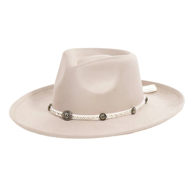 Light beige fedora with braided chevron tassel strap and silver conchos for style