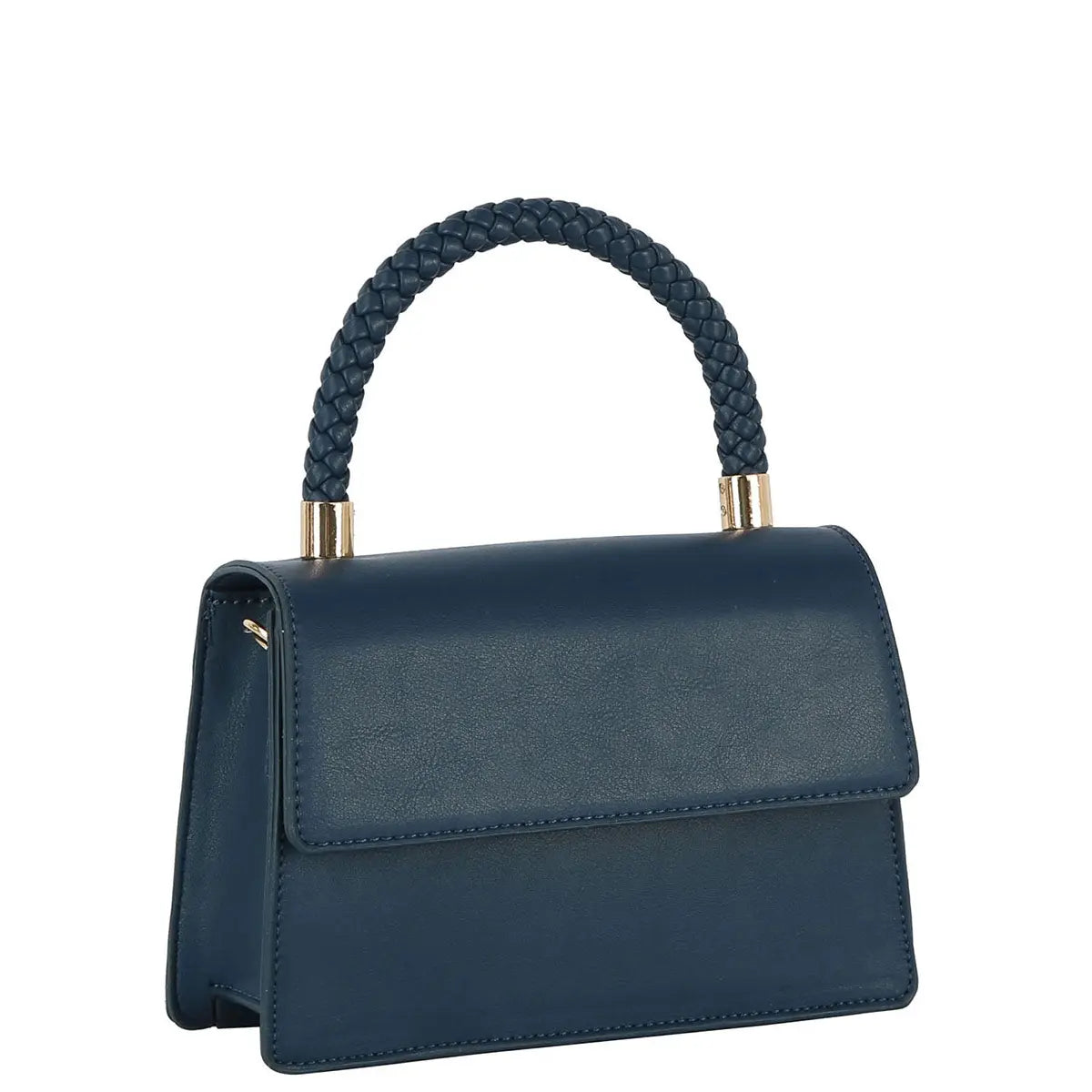 Navy blue leather handbag with braided top handle and gold hardware, Braided Top Handle Satchel