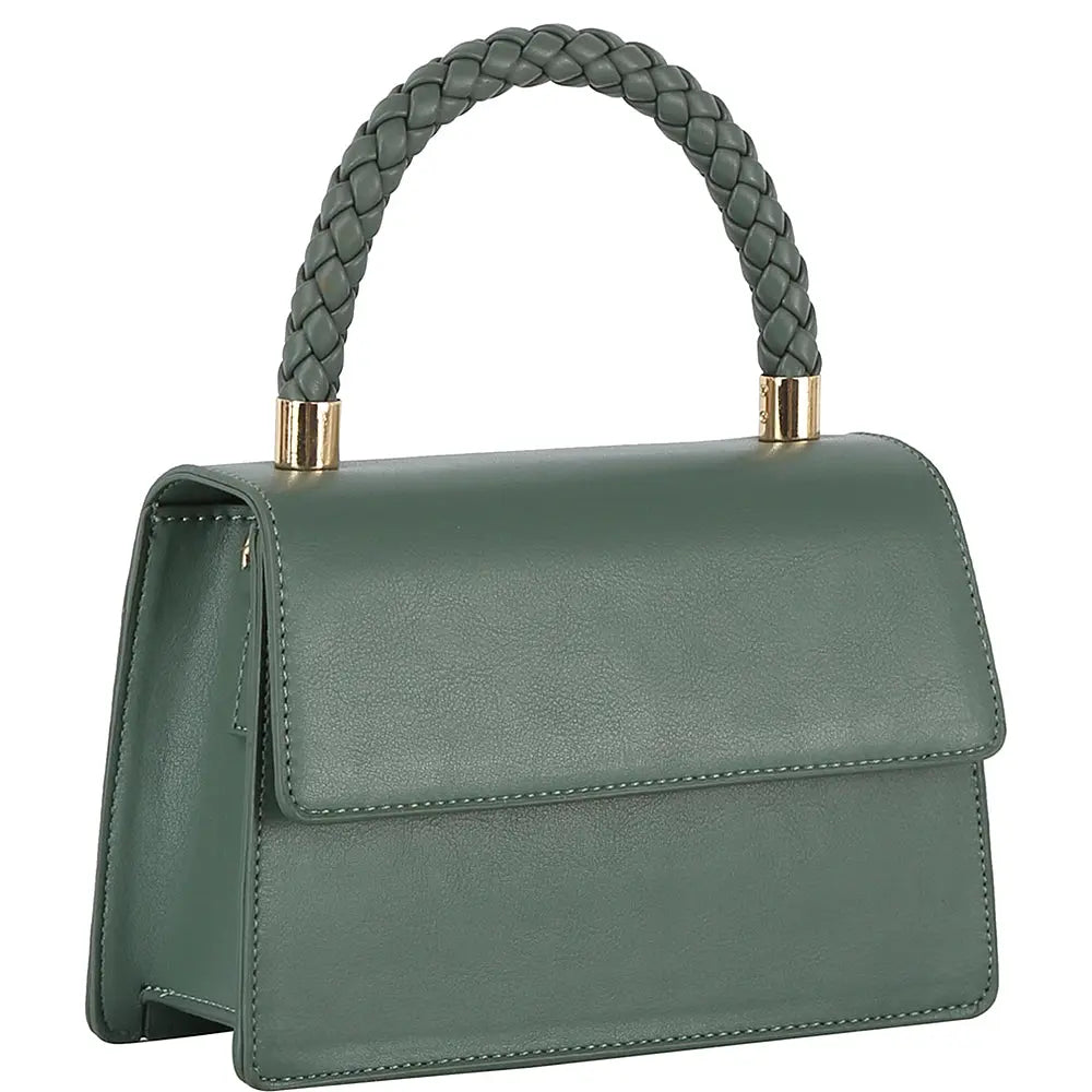 Sage green leather handbag with braided top handle, a stylish handle satchel option