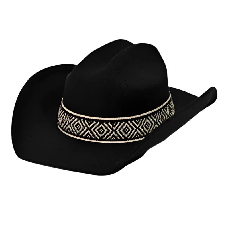 Black cowboy hat featuring a stylish braided pattern strap for a chic look