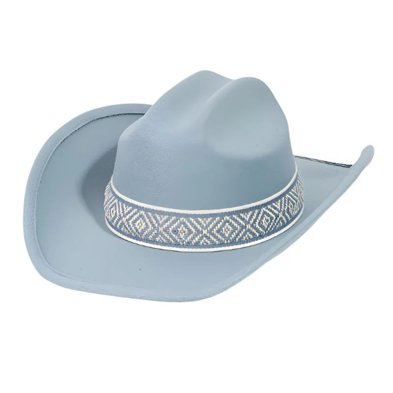 Light blue cowboy hat featuring a stylish braided pattern strap band