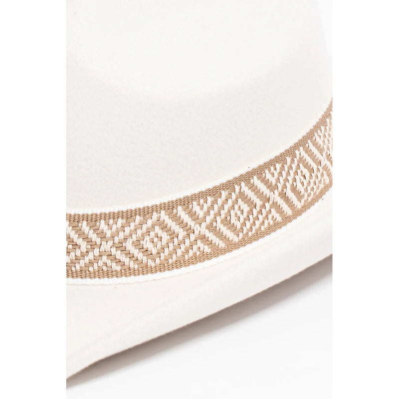 White hat with braided pattern strap and decorative tan band for stylish wear