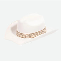 White cowboy hat featuring a braided pattern strap and decorative beige band