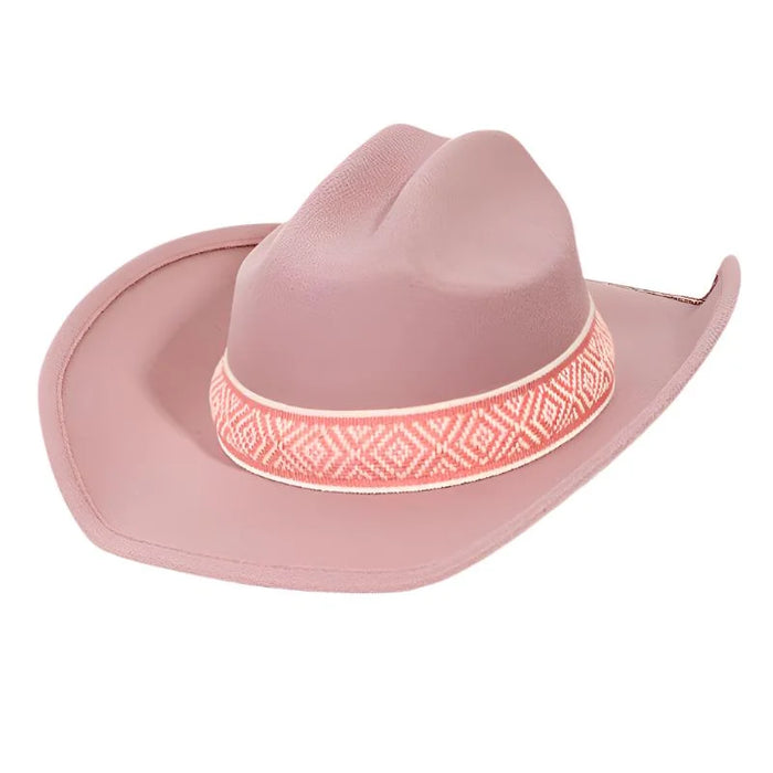 Pink cowboy hat with braided pattern strap featuring coral and white designs