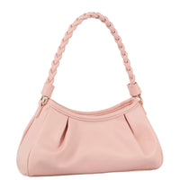 Pink leather Braided Strap Shoulder Bag with braided handle and pleated front design