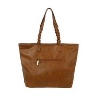 Brown leather Braided Tassel Tote with braided handles and zippered pocket