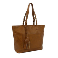 Brown leather Braided Tassel Tote bag with zippered pocket and braided handles