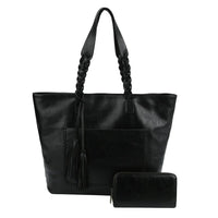 Black leather Braided Tassel Tote with braided handles and matching wallet, zippered pocket included