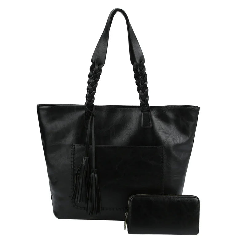 Black leather Braided Tassel Tote with braided handles and matching wallet, zippered pocket included