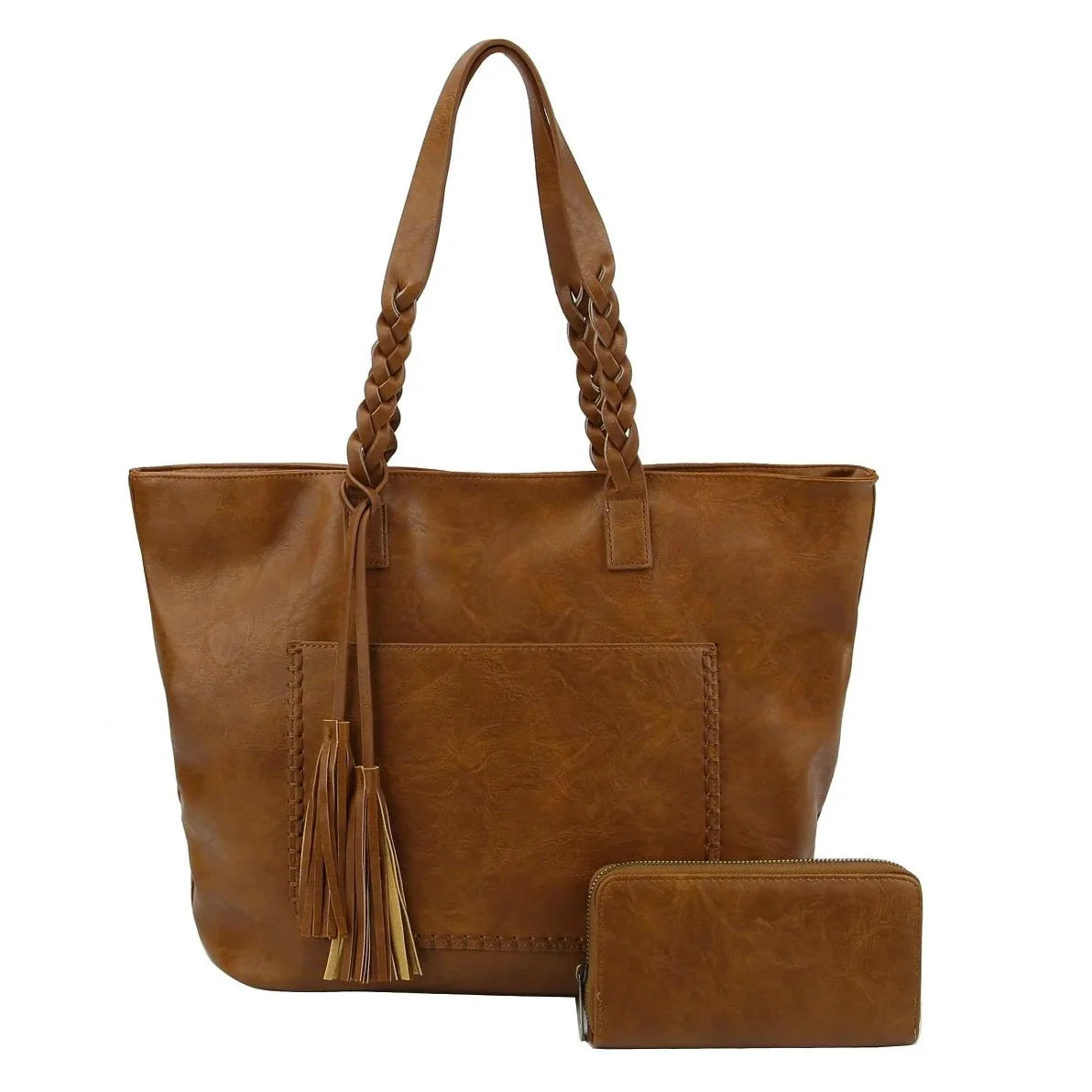 Brown leather Braided Tassel Tote with braided handles and zippered pocket wallet