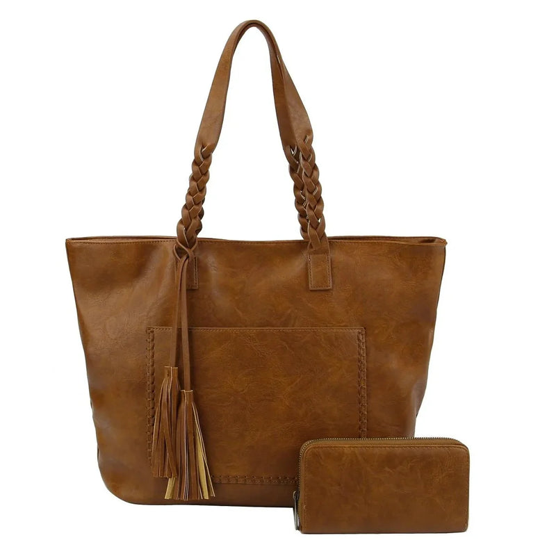 Brown leather Braided Tassel Tote with braided handles and zippered pocket wallet