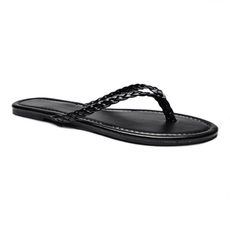 Black leather braided thong sandal with a stylish braided thong strap