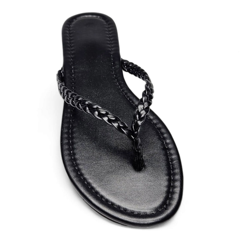 Black leather braided thong sandal with stylish braided thong strap for summer wear