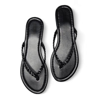 Black leather braided thong sandals with stylish straps for summer comfort